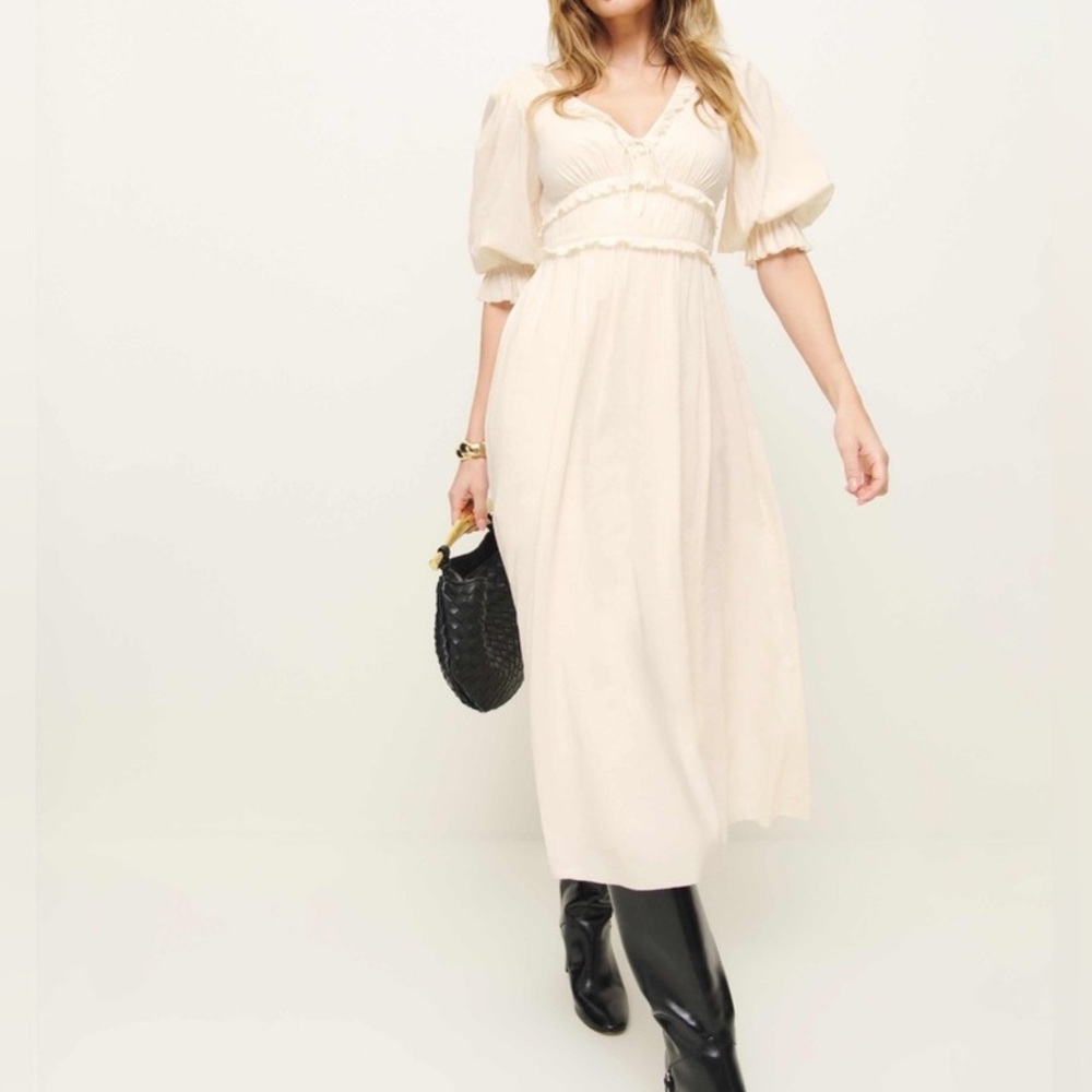 ✨NEW✨ Reformation Mireille Ruffle Puff Sleeve Midi Dress Ivory Cream 2